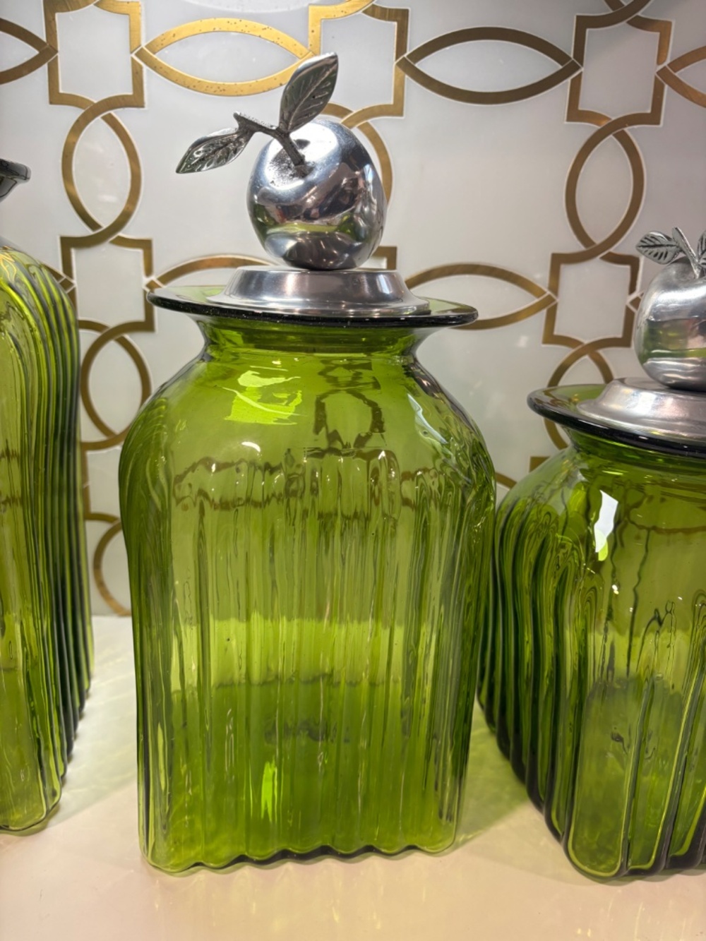 3 Vintage Hand Blown Glass Kitchen Canisters Jars Pewter Tops Fruit Apples Pear - Picture 14 of 15